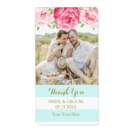 アクアストライプの水色フローラフォトウェディングラベル ラベル