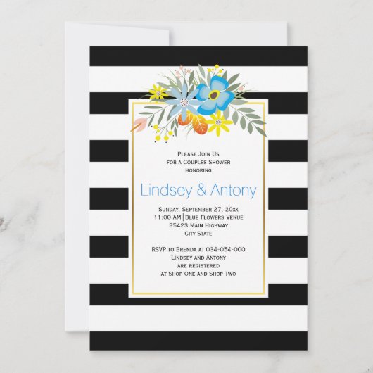 アクアストライプ花結婚とカップルのシャワー 招待状 (正面)