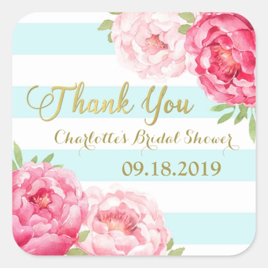 アクアストライプ金ゴールドピンクフローラブライダルシャワー スクエアシール (正面)