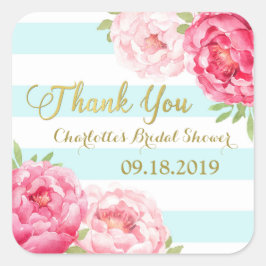 アクアストライプ金ゴールドピンクフローラブライダルシャワー スクエアシール