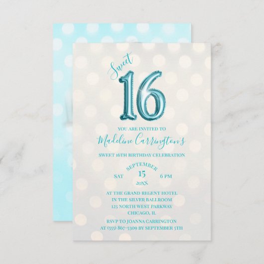 アクアスパークルフォイルスウィート16誕生日写真 招待状 (正面/裏面)