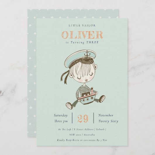 アクアセーラ航海のーニーエイジ誕生日招待状 サンキューカード (正面/裏面)