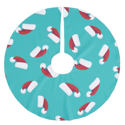 アクアターコイズの鮮やかな青と赤のサンタ帽 ブラッシュドポリエステルツリースカート (正面)