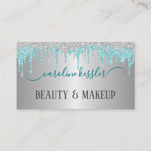 アクアターコイズグリーンシルバーグリッタースパークルドリップ 名刺 (正面)