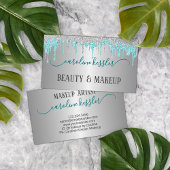 アクアターコイズグリーンシルバーグリッタースパークルドリップ 名刺