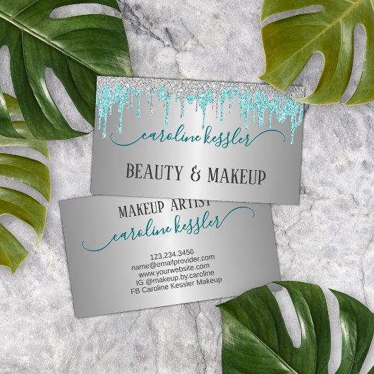 アクアターコイズグリーンシルバーグリッタースパークルドリップ 名刺