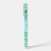 アクアターコイズグリーンティール(緑がかった色)ブルーミッドセンチュリーストライプズ iPhoneケース (左側面)