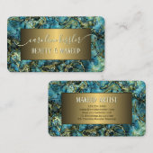 アクアターコイズグリーンティール（緑がかった色）ブルー金ゴールドマルブル 名刺 (正面/裏面)