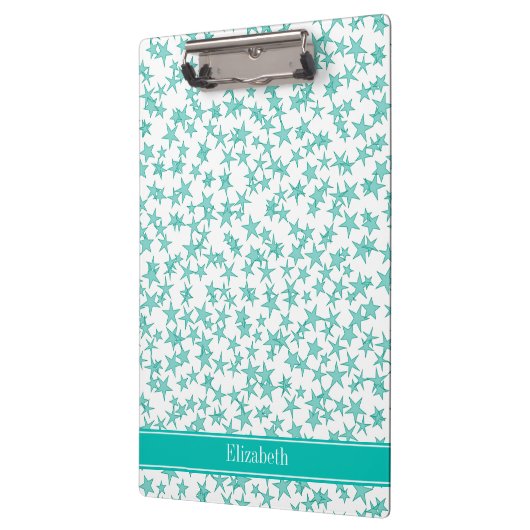 アクアターコイズスターズホワイトBG、ティール（緑がかった色）名モノグラム クリップボード (左)