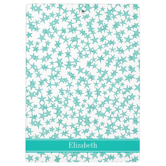 アクアターコイズスターズホワイトBG、ティール（緑がかった色）名モノグラム クリップボード (裏面)