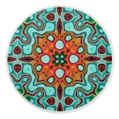 アクアターコイズティール（緑がかった色）オレンジブラウンエスニックトリーブアート セラミックノブ (正面)