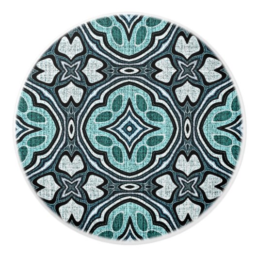 アクアターコイズティール(緑がかった色)グレーブルーエスニック族アート セラミックノブ (正面)