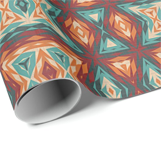 アクアターコイズティール（緑がかった色）ブルーオレンジレッドモザイクアート ラッピングペーパー (ロールコーナー)