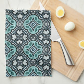アクアターコイズティール(緑がかった色)ブルーグリーンボヘミアントライバルアート キッチンタオル (四つ折り)