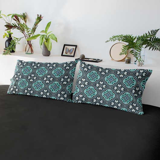 アクアターコイズティール(緑がかった色)ブルーグリーンボヘミアントライバルアート 枕カバー