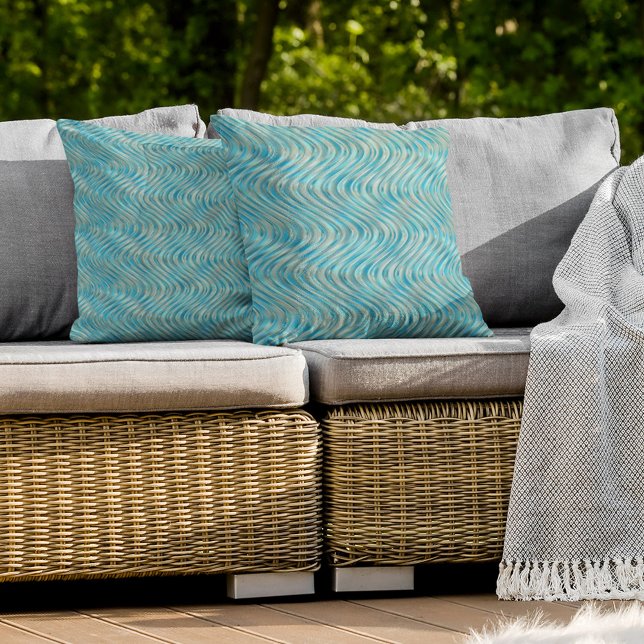 アクアターコイズティール（緑がかった色）ブルータウペカーブラインアート アウトドアクッション (クリエイターアップロード済み)