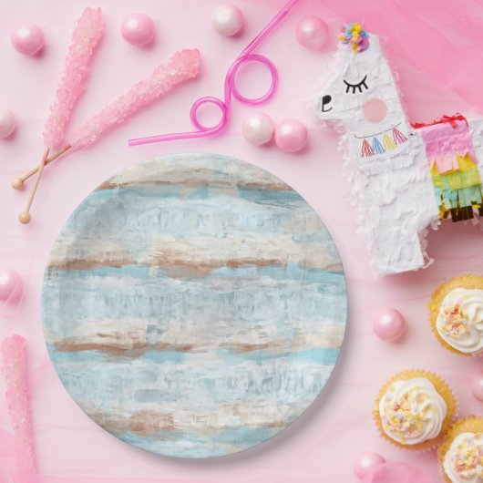 アクアターコイズブラウンホワイトウォーターストライプカラー芸術 ペーパープレート (パーティー)