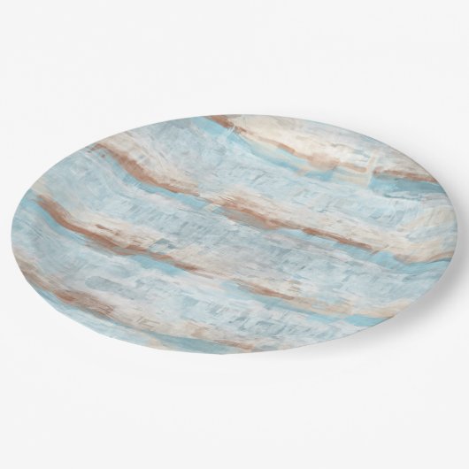 アクアターコイズブラウンホワイトウォーターストライプカラー芸術 ペーパープレート (アングル)