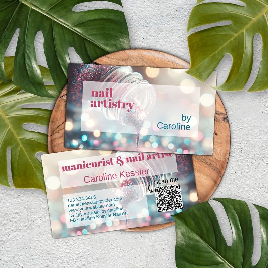 アクアターコイズブルーホットピンクグリッター爪、 ネイルポーランド 名刺