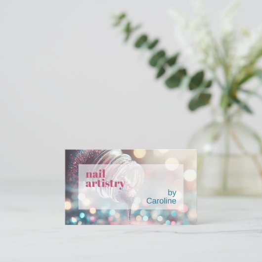 アクアターコイズブルーホットピンクグリッター爪、 ネイルポーランド 名刺 (スタンド正面)