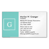 アクアターコイズホワイトフレームイニシャルモノグラム マグネット名刺 (正面)