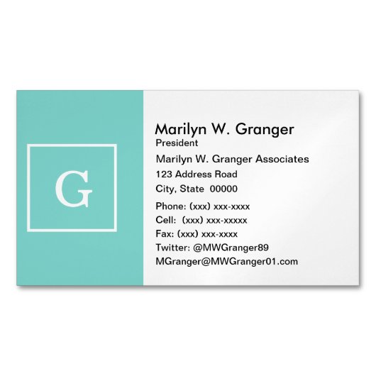 アクアターコイズホワイトフレームイニシャルモノグラム マグネット名刺 (正面)