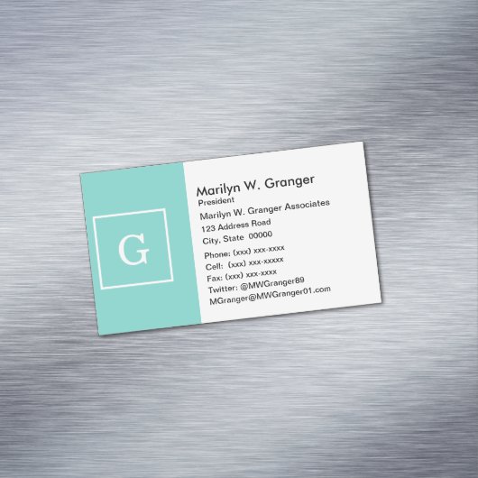 アクアターコイズホワイトフレームイニシャルモノグラム マグネット名刺 (インサイチュ)