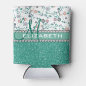 アクアターコイズモノグラム花グリッター模様 缶クーラー (正面)