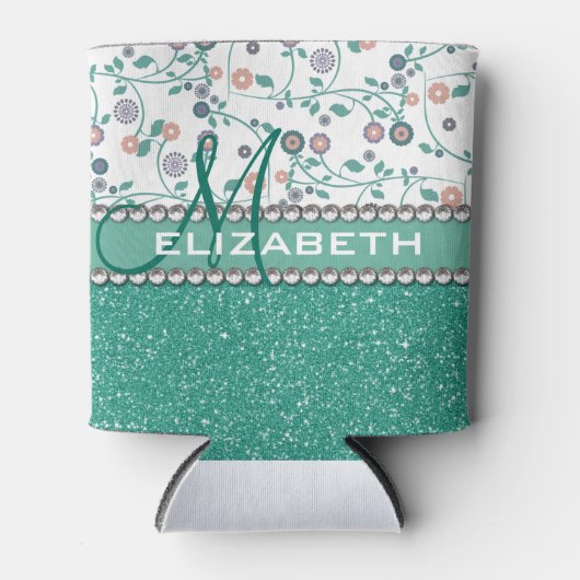 アクアターコイズモノグラム花グリッター模様 缶クーラー (正面)