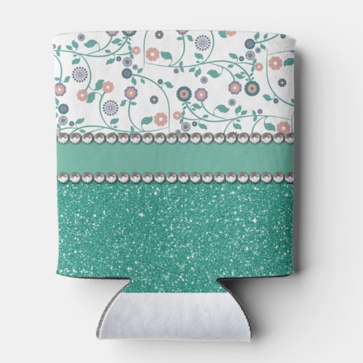 アクアターコイズモノグラム花グリッター模様 缶クーラー (裏面)