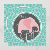 アクアターコイズレトロベビーガールエレファントシャワー 招待状 (正面/裏面)