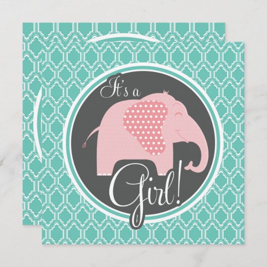 アクアターコイズレトロベビーガールエレファントシャワー 招待状 (正面/裏面)