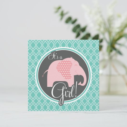 アクアターコイズレトロベビーガールエレファントシャワー 招待状 (スタンド正面)