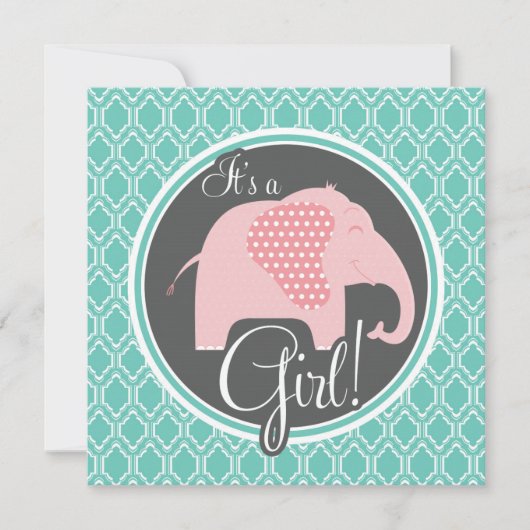 アクアターコイズレトロベビーガールエレファントシャワー 招待状 (正面)