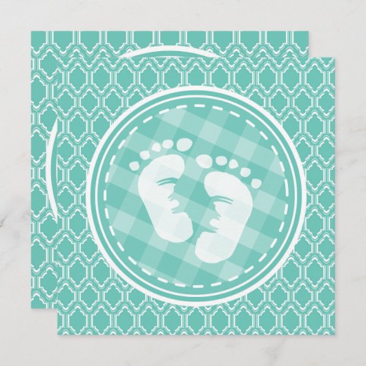 アクアターコイズレトロベビー足ベビーシャワー 招待状 (正面/裏面)