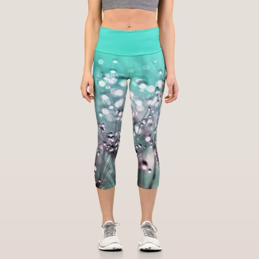 アクアターコイズ抽象芸術ダンデリオンヨガカプリ カプリレギンス (正面)