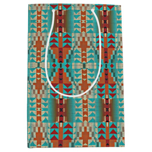 アクアターコイズ燃えたオレンジタウペブラウンモザイクアート ミディアムペーパーバッグ (正面)