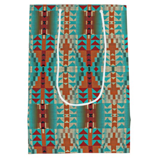 アクアターコイズ燃えたオレンジタウペブラウンモザイクアート ミディアムペーパーバッグ (裏面)
