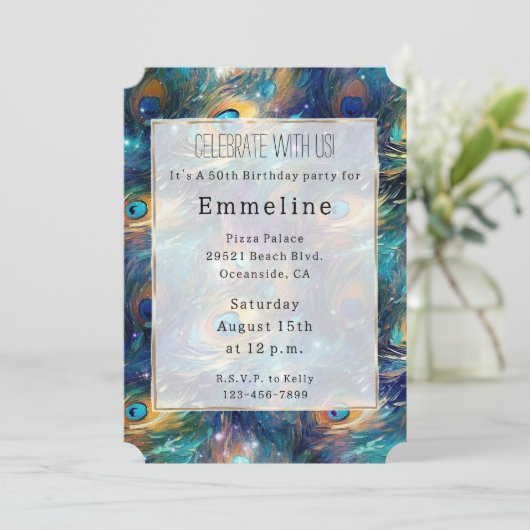 アクアターコイズ金ゴールドピーコックフェザー50誕生日 招待状 (スタンド正面)