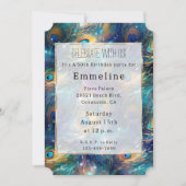 アクアターコイズ金ゴールドピーコックフェザー50誕生日 招待状 (正面)