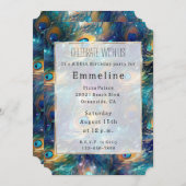 アクアターコイズ金ゴールドピーコックフェザー50誕生日 招待状 (正面/裏面)