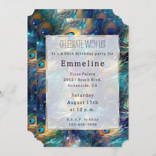 アクアターコイズ金ゴールドピーコックフェザー50誕生日 招待状 (正面/裏面)