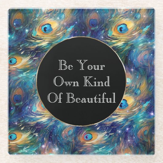 アクアターコイズ金ゴールドピーコックフェザー ガラスコースター (正面)