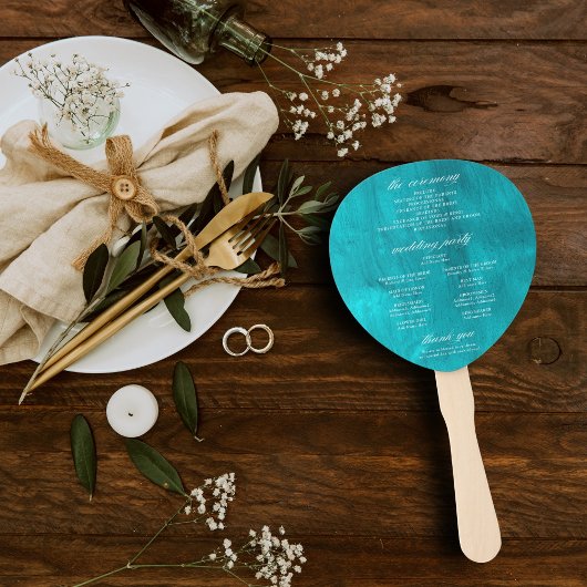 アクアターコイズ&ティール(緑がかった色)水彩結婚式 プログラム ハンドファン