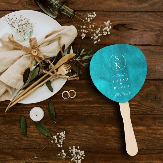 アクアターコイズ&ティール(緑がかった色)水彩結婚式 プログラム ハンドファン