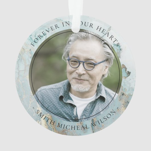 アクアダスキーブルー金ゴールドアゲート悔やみや弔慰記念写真 オーナメント (裏面)