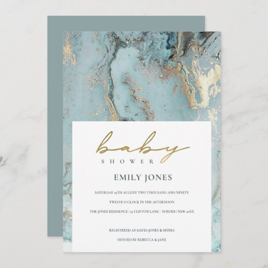 アクアダスキーブルー金ゴールドアゲート赤ちゃんシャワー招待状 サンキューカード (正面/裏面)