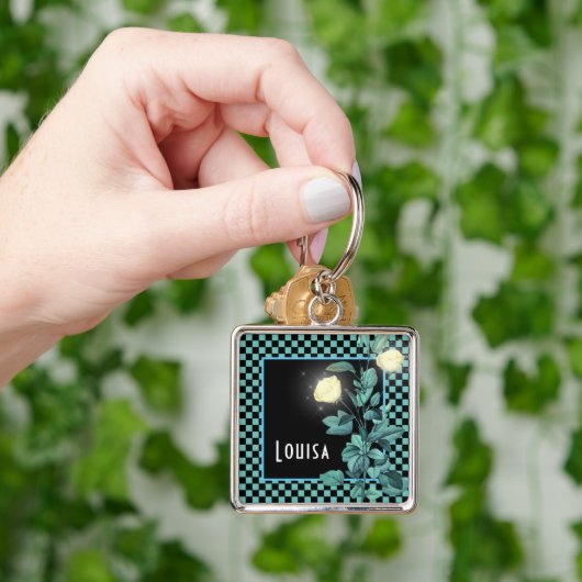 アクアチェッカーボードパーソナライズされたフローラ キーホルダー (手)