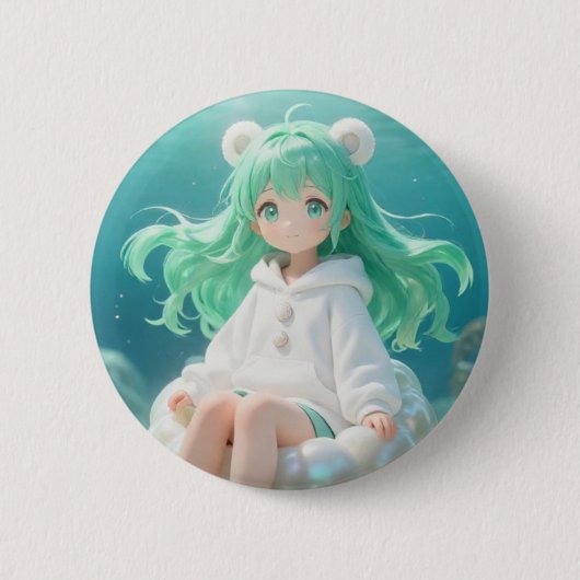 アクアティックミント: イリデッセンス上の白いパーカーの可愛い女の子 缶バッジ (正面)