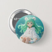 アクアティックミント: イリデッセンス上の白いパーカーの可愛い女の子 缶バッジ (正面&裏面)